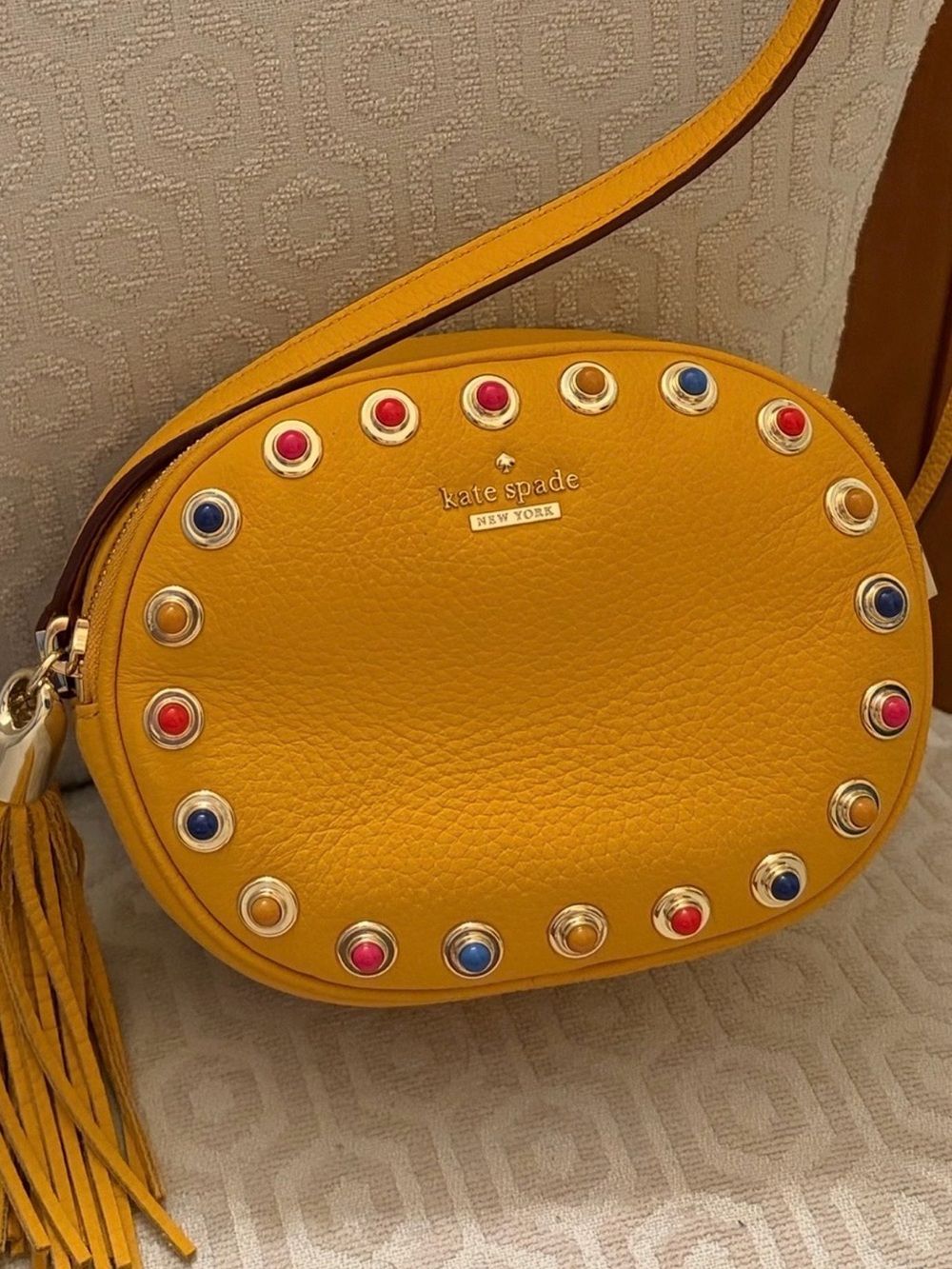 Kate Spade Vibrant Yellow NY Devoe St Tinley Leather Crossbody w/jeweled Studs